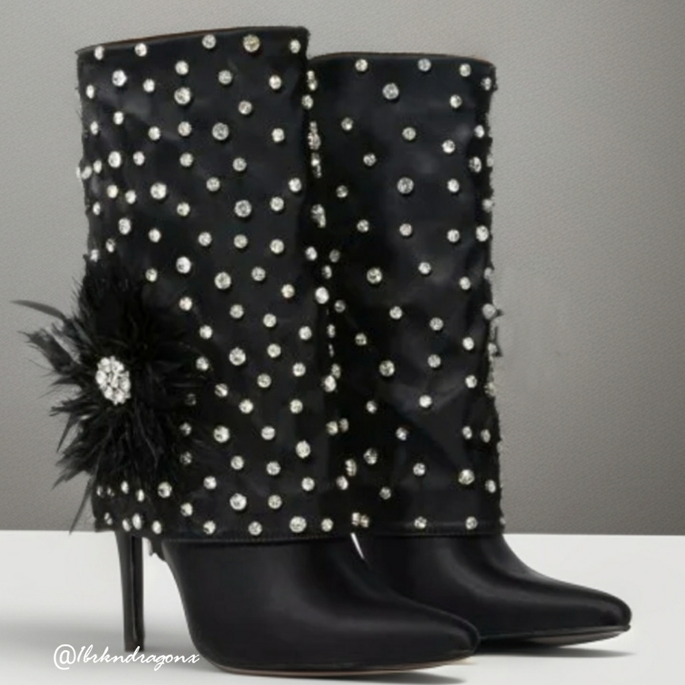 NWT EMBELLISHED BOOTIES WANG BOOTS BNIOB STILETTOS DIAMONDS FEATHERS - Picture 11 of 16